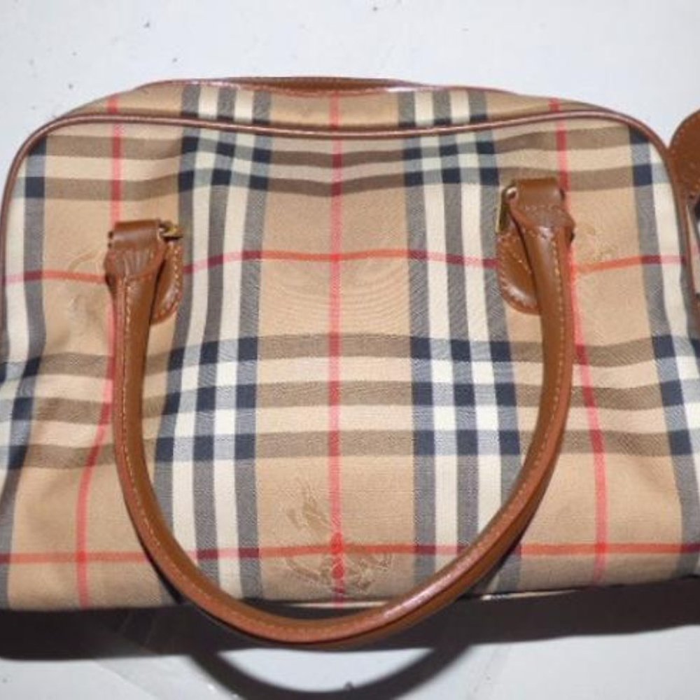Burberry Vintage Camel Leather Nova Check Plaid Fabric Satchel - Picture 5 of 8